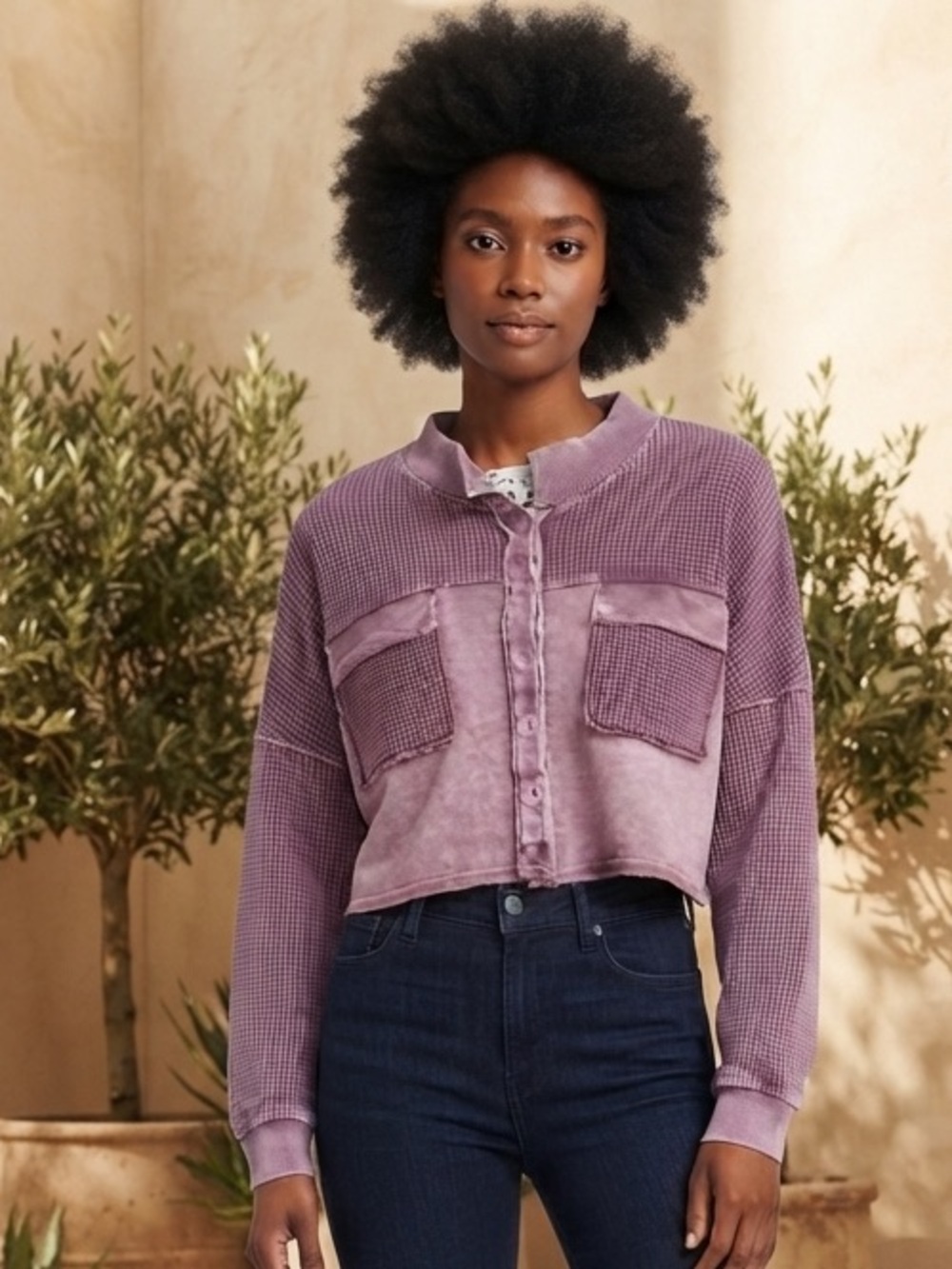 Love Lola Dusty Mauve Long Sleeve Cropped Button-Up Thermal Top